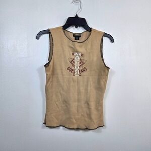 Guess Womens Y2K Tan Waffle Contrast Trim Sleeves Tank Large Vintage Ribbed 90s